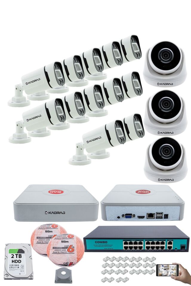IP Güvenlik Kamera Seti - 3 İç Mekan IP Kamera, 12 Dış Mekan IP Kamera, 2TB H.D.D, 16 Kanal NVR,