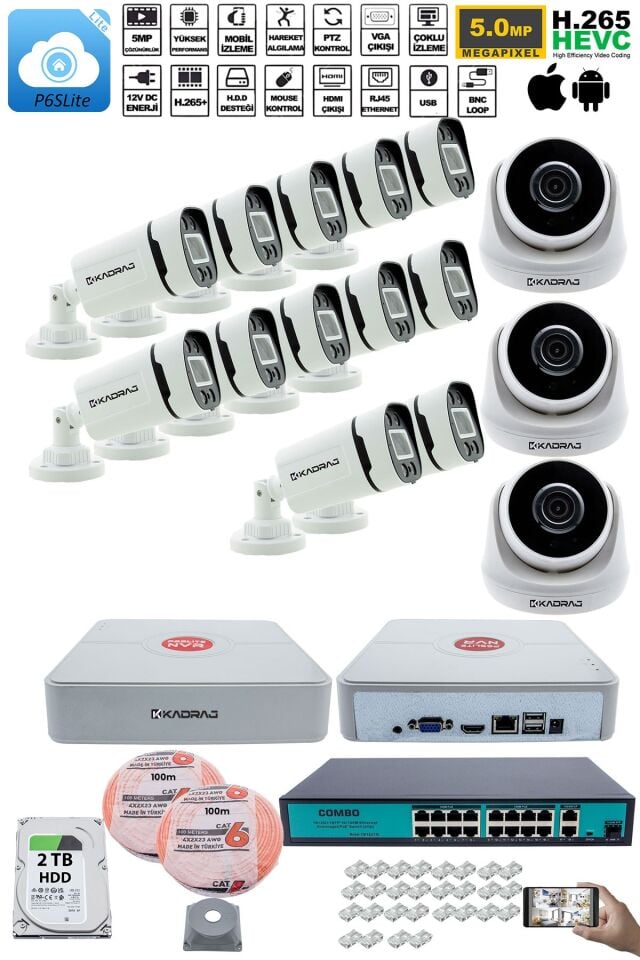 IP Güvenlik Kamera Seti - 3 İç Mekan IP Kamera, 12 Dış Mekan IP Kamera, 2TB H.D.D, 16 Kanal NVR,