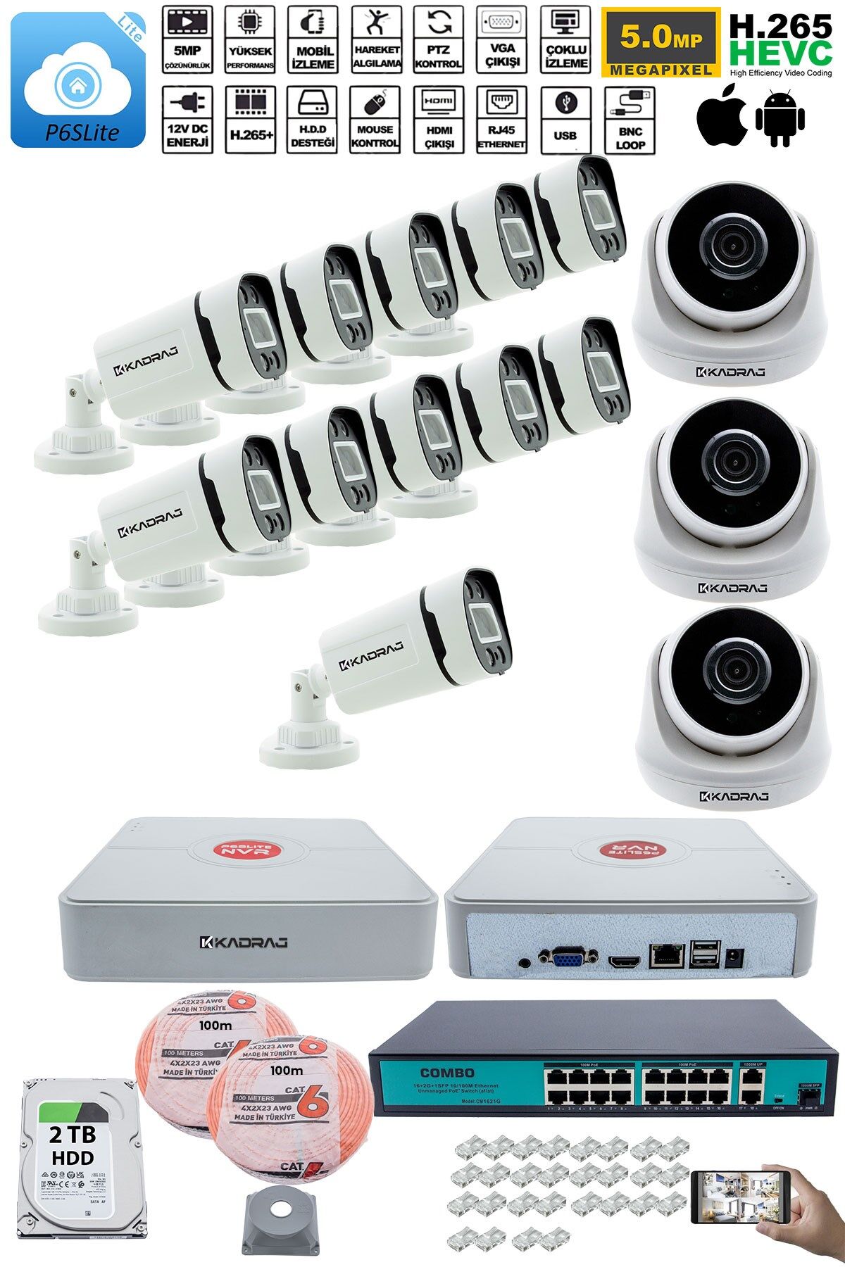 IP Güvenlik Kamera Seti - 3 İç Mekan IP Kamera, 11 Dış Mekan IP Kamera, 2TB H.D.D, 16 Kanal NVR