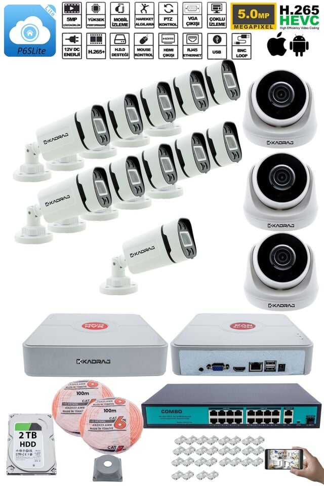 IP Güvenlik Kamera Seti - 3 İç Mekan IP Kamera, 11 Dış Mekan IP Kamera, 2TB H.D.D, 16 Kanal NVR