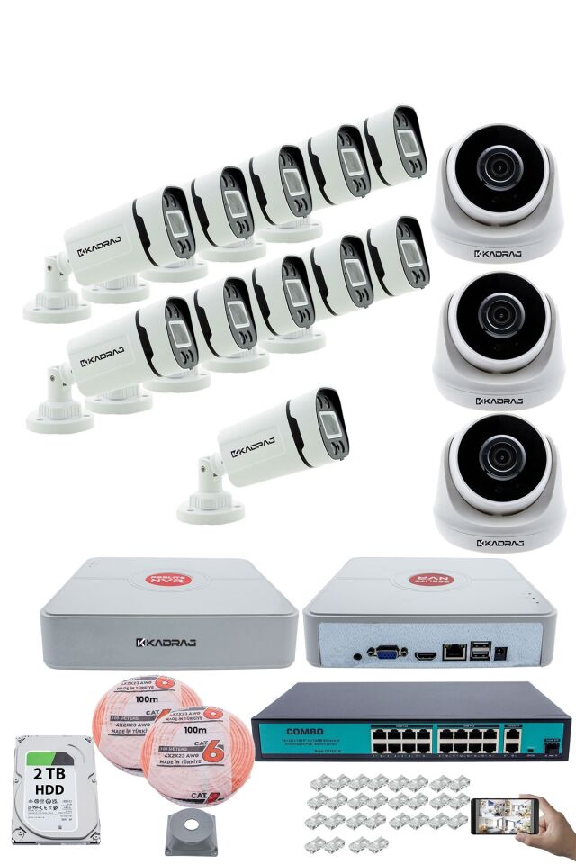 IP Güvenlik Kamera Seti - 3 İç Mekan IP Kamera, 11 Dış Mekan IP Kamera, 2TB H.D.D, 16 Kanal NVR