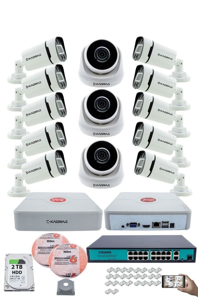 IP Güvenlik Kamera Seti - 3 İç Mekan IP Kamera, 10 Dış Mekan IP Kamera, 2TB H.D.D, 16 Kanal NVR,