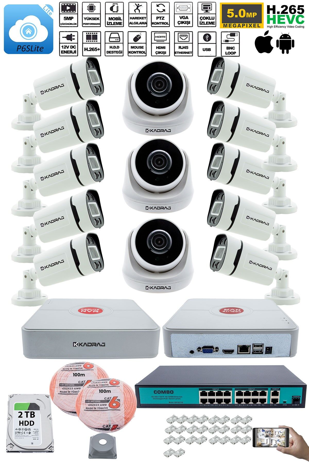 IP Güvenlik Kamera Seti - 3 İç Mekan IP Kamera, 10 Dış Mekan IP Kamera, 2TB H.D.D, 16 Kanal NVR,