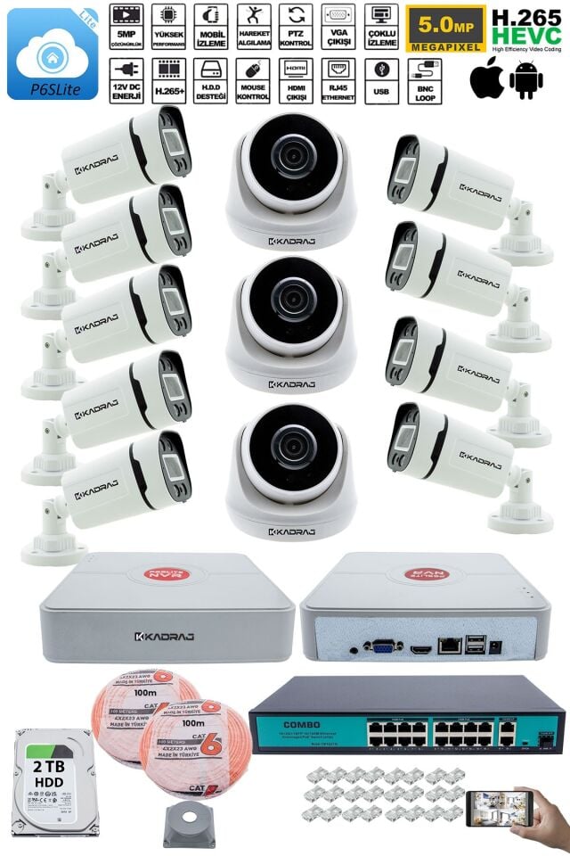 IP Güvenlik Kamera Seti - 3 İç Mekan IP Kamera, 9 Dış Mekan IP Kamera, 2TB H.D.D, 16 Kanal NVR