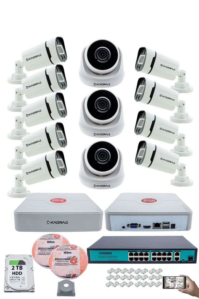 IP Güvenlik Kamera Seti - 3 İç Mekan IP Kamera, 9 Dış Mekan IP Kamera, 2TB H.D.D, 16 Kanal NVR