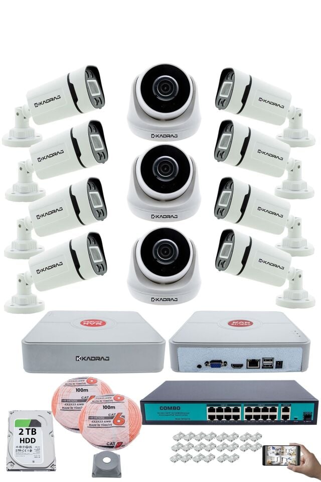IP Güvenlik Kamera Seti - 3 İç Mekan IP Kamera, 8 Dış Mekan IP Kamera, 2TB H.D.D, 16 Kanal NVR,