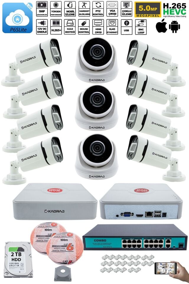 IP Güvenlik Kamera Seti - 3 İç Mekan IP Kamera, 8 Dış Mekan IP Kamera, 2TB H.D.D, 16 Kanal NVR,