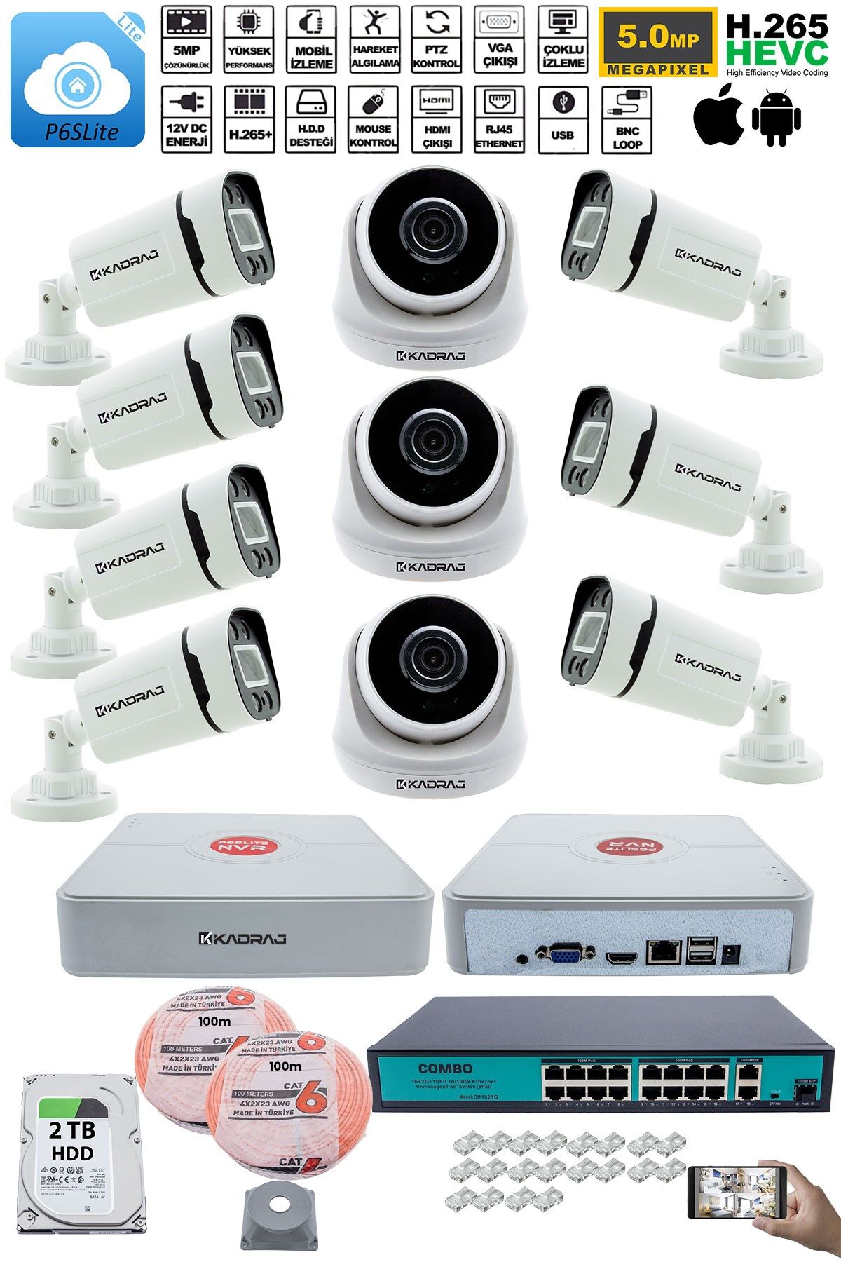 IP Güvenlik Kamera Seti - 3 İç Mekan IP Kamera,7 Dış Mekan IP Kamera, 2TB H.D.D, 16 Kanal NVR