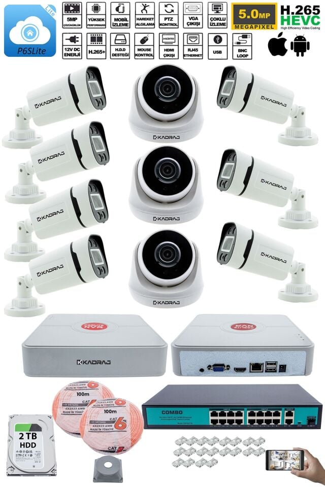 IP Güvenlik Kamera Seti - 3 İç Mekan IP Kamera,7 Dış Mekan IP Kamera, 2TB H.D.D, 16 Kanal NVR