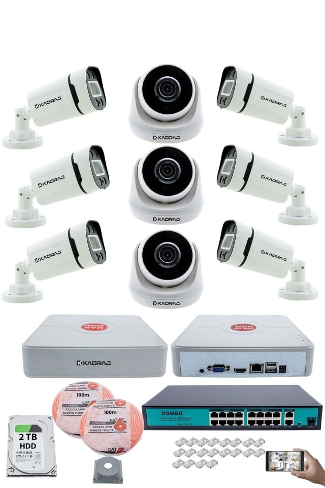 IP Güvenlik Kamera Seti - 3 İç Mekan IP Kamera,6 Dış Mekan IP Kamera, 2TB H.D.D, 16 Kanal NVR