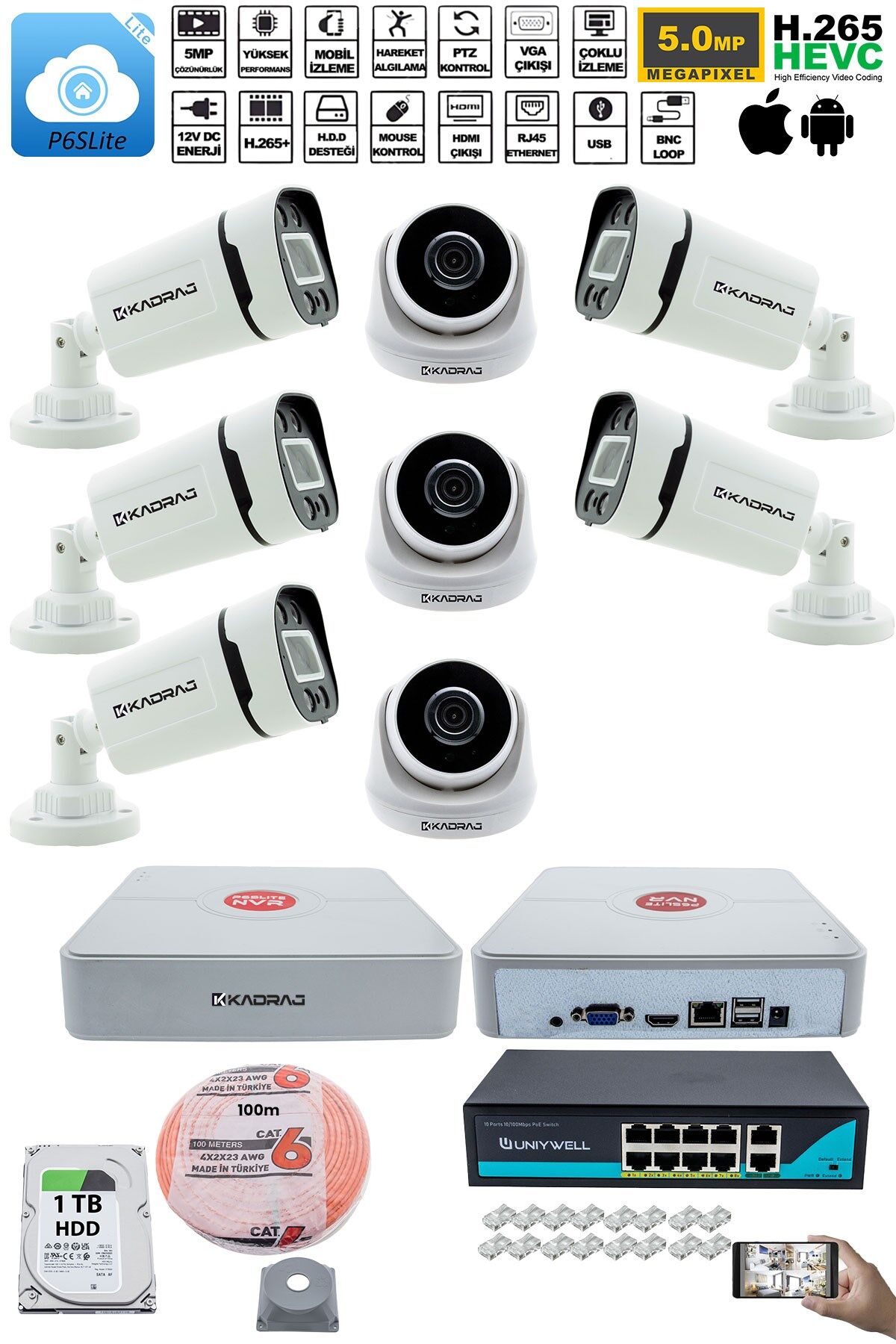 IP Güvenlik Kamera Seti - 3 İç Mekan IP Kamera, 5 Dış Mekan IP Kamera, 1TB H.D.D, 9 Kanal NVR,