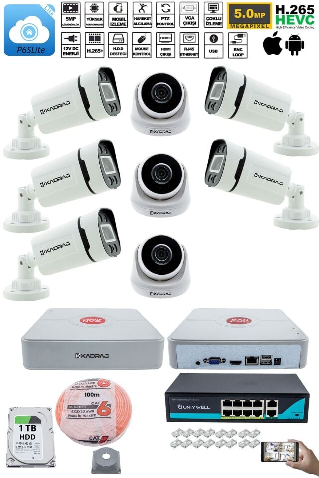 IP Güvenlik Kamera Seti - 3 İç Mekan IP Kamera, 5 Dış Mekan IP Kamera, 1TB H.D.D, 9 Kanal NVR,