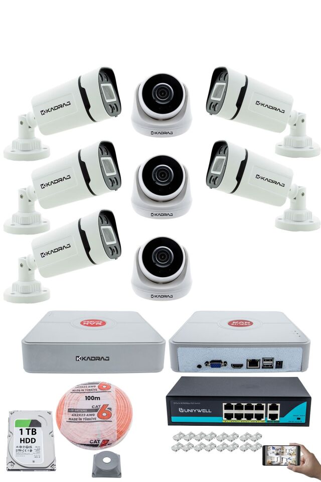 IP Güvenlik Kamera Seti - 3 İç Mekan IP Kamera, 5 Dış Mekan IP Kamera, 1TB H.D.D, 9 Kanal NVR,