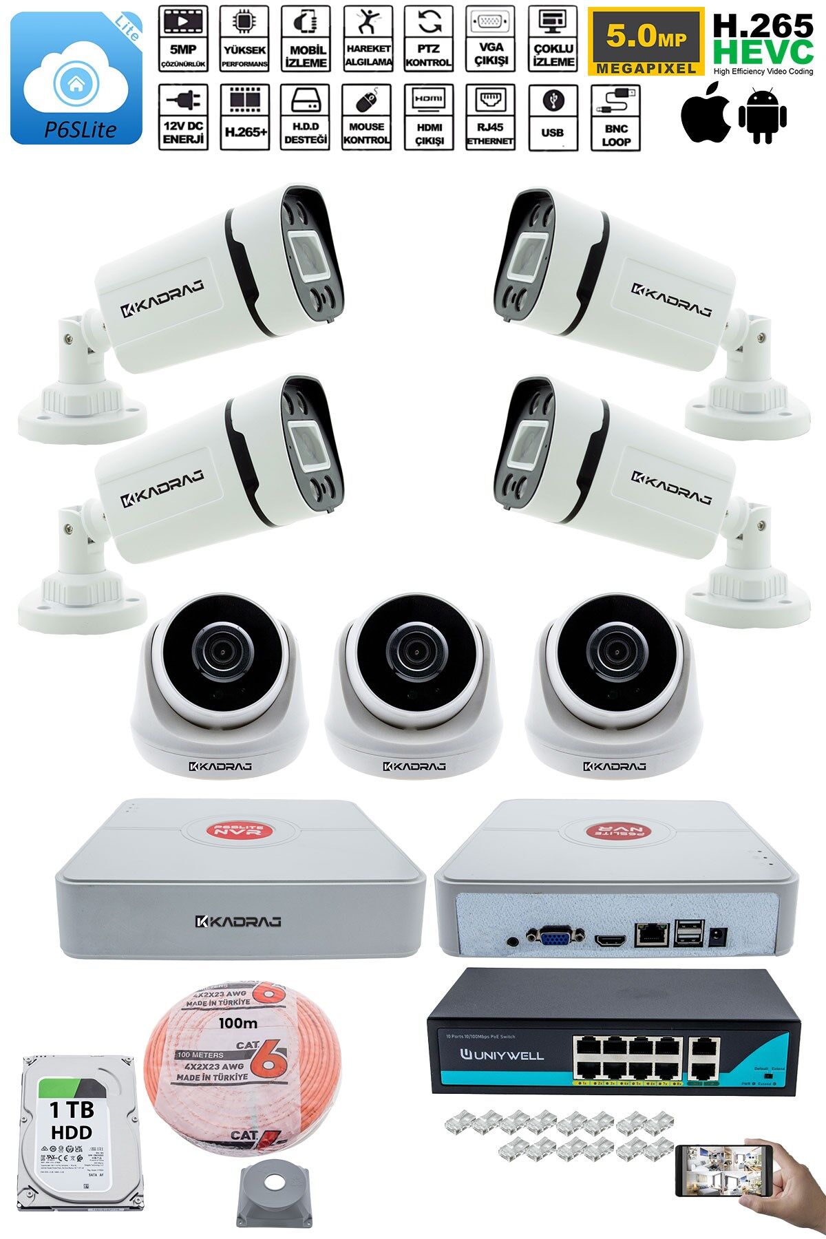 IP Güvenlik Kamera Seti - 3 İç Mekan IP Kamera, 4 Dış Mekan IP Kamera, 1TB H.D.D, 9 Kanal NVR,