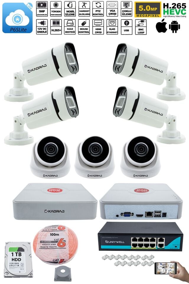 IP Güvenlik Kamera Seti - 3 İç Mekan IP Kamera, 4 Dış Mekan IP Kamera, 1TB H.D.D, 9 Kanal NVR,