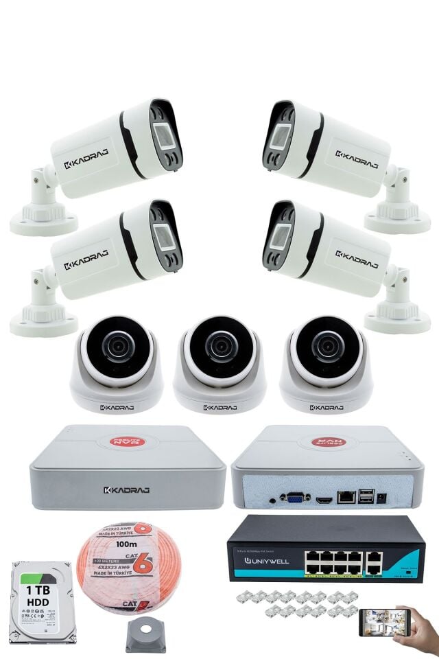 IP Güvenlik Kamera Seti - 3 İç Mekan IP Kamera, 4 Dış Mekan IP Kamera, 1TB H.D.D, 9 Kanal NVR,