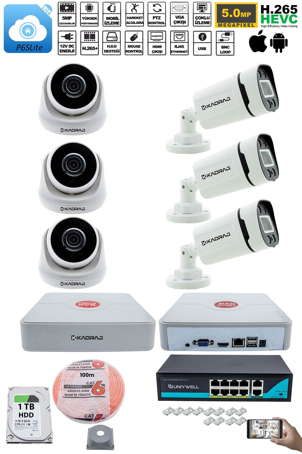IP Güvenlik Kamera Seti - 3 İç Mekan IP Kamera, 3 Dış Mekan IP Kamera, 1TB H.D.D, 9 Kanal NVR