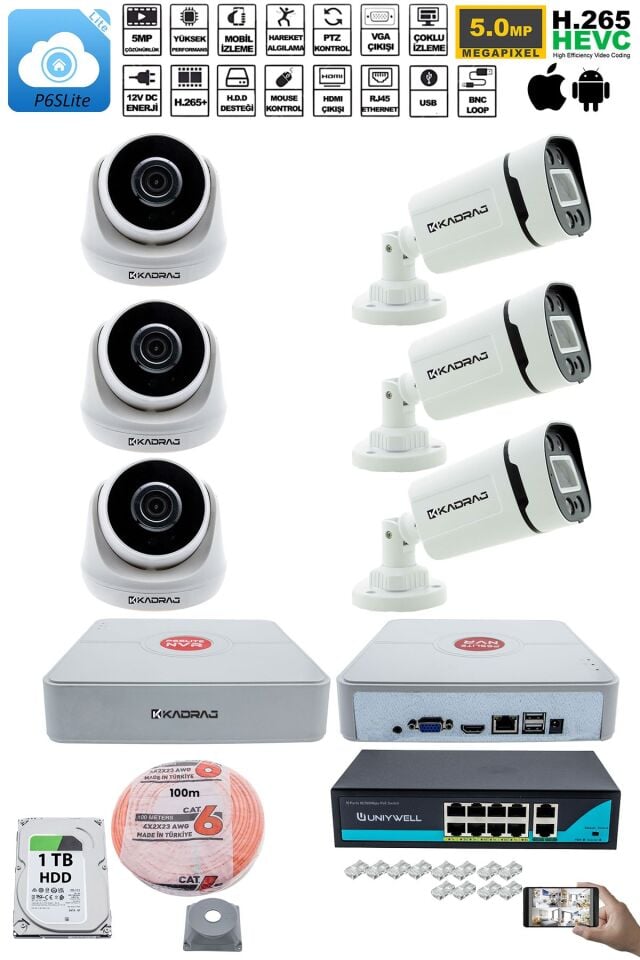 IP Güvenlik Kamera Seti - 3 İç Mekan IP Kamera, 3 Dış Mekan IP Kamera, 1TB H.D.D, 9 Kanal NVR