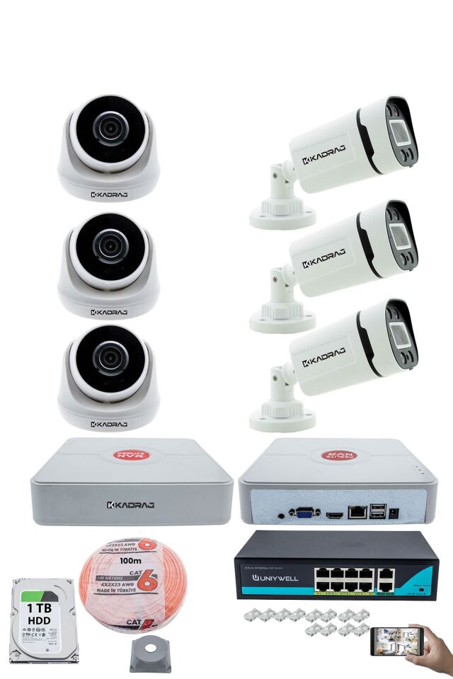 IP Güvenlik Kamera Seti - 3 İç Mekan IP Kamera, 3 Dış Mekan IP Kamera, 1TB H.D.D, 9 Kanal NVR
