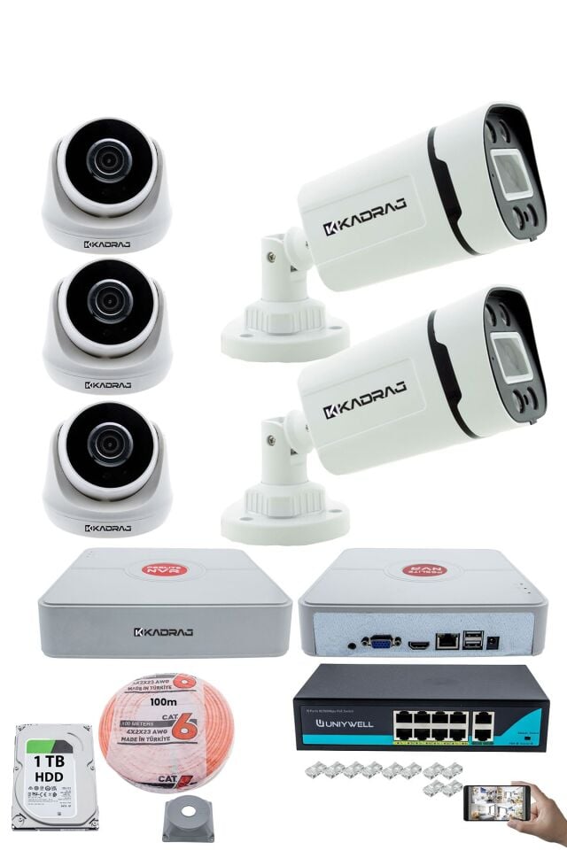 IP Güvenlik Kamera Seti - 3 İç Mekan IP Kamera, 2 Dış Mekan IP Kamera, 1TB H.D.D, 9 Kanal NVR,