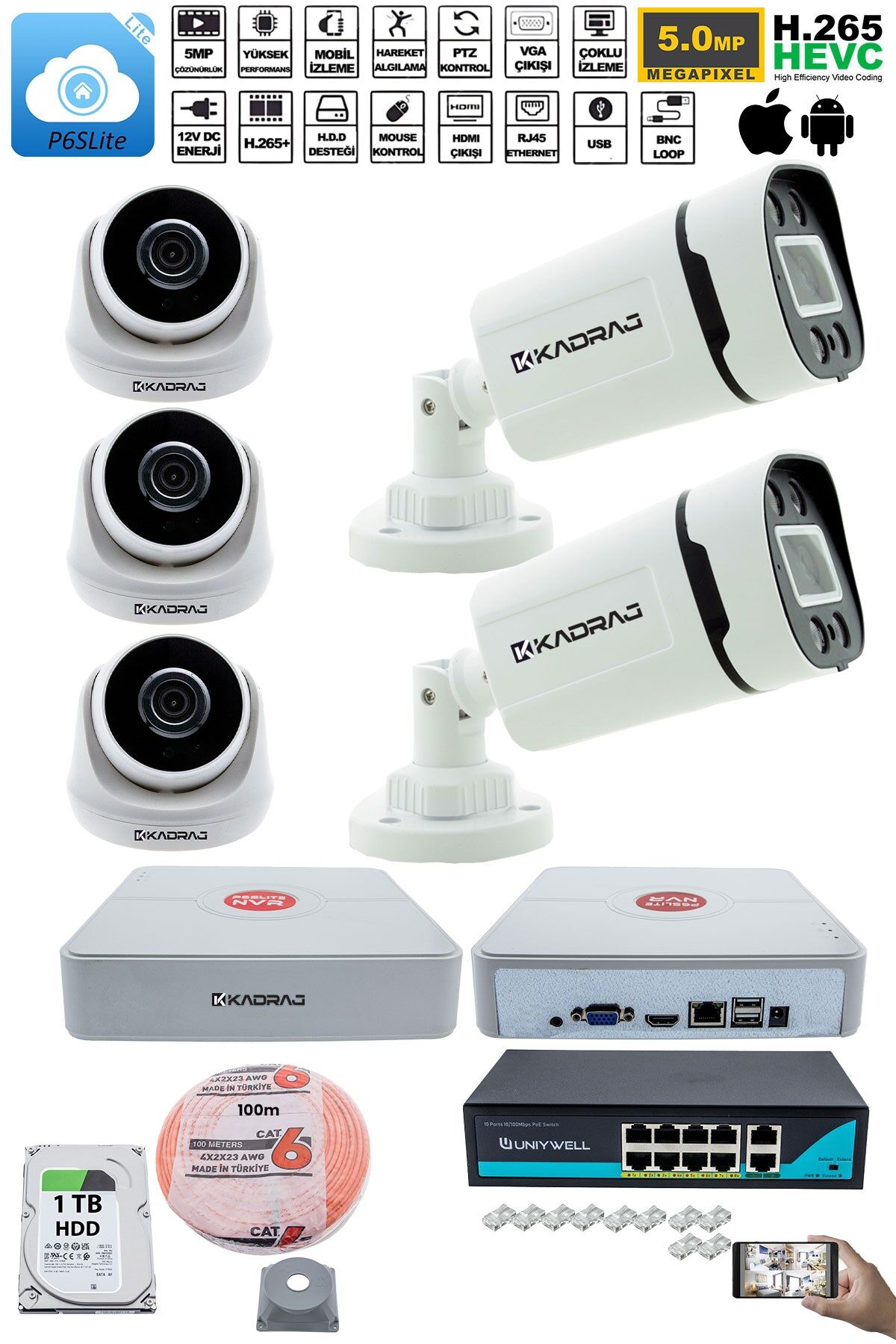 IP Güvenlik Kamera Seti - 3 İç Mekan IP Kamera, 2 Dış Mekan IP Kamera, 1TB H.D.D, 9 Kanal NVR,