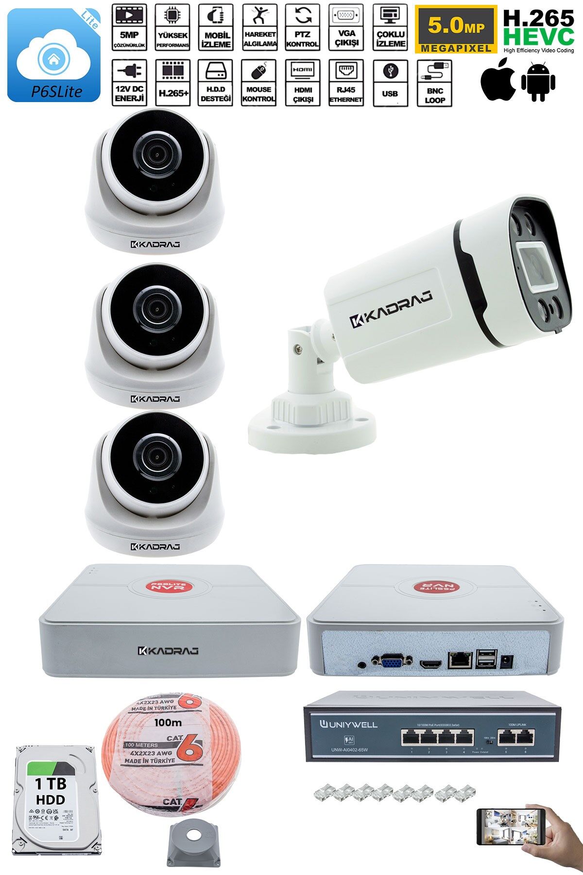 IP Güvenlik Kamera Seti - 3 İç Mekan IP Kamera, 1 Dış Mekan IP Kamera, 1TB H.D.D, 9 Kanal NVR