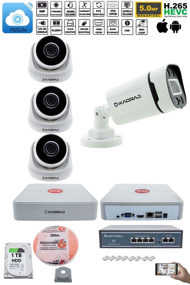 IP Güvenlik Kamera Seti - 3 İç Mekan IP Kamera, 1 Dış Mekan IP Kamera, 1TB H.D.D, 9 Kanal NVR