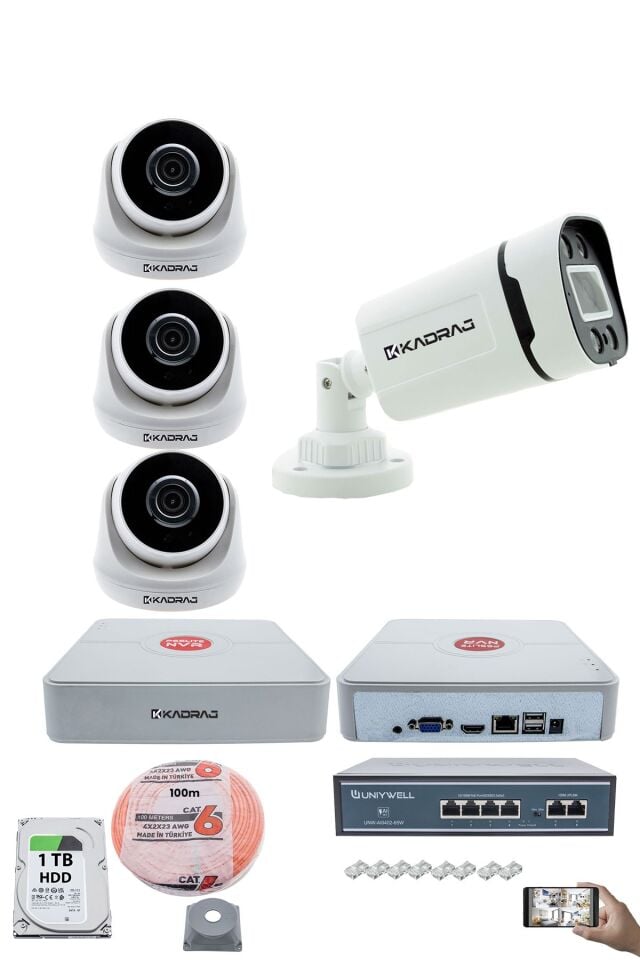 IP Güvenlik Kamera Seti - 3 İç Mekan IP Kamera, 1 Dış Mekan IP Kamera, 1TB H.D.D, 9 Kanal NVR