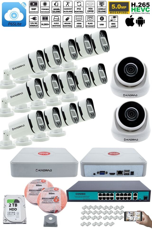 IP Güvenlik Kamera Seti - 2 İç Mekan IP Kamera, 14 Dış Mekan IP Kamera, 2TB H.D.D, 16 Kanal NVR,