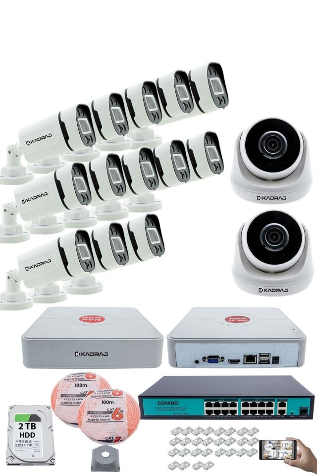 IP Güvenlik Kamera Seti - 2 İç Mekan IP Kamera, 13 Dış Mekan IP Kamera, 2TB H.D.D, 16 Kanal NVR