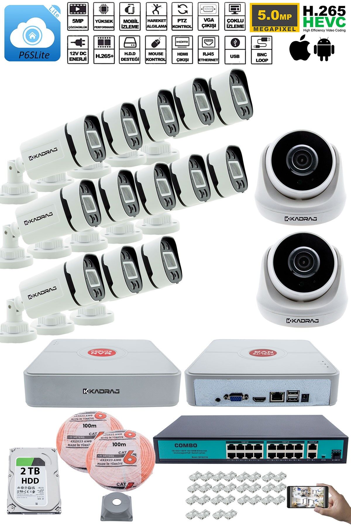 IP Güvenlik Kamera Seti - 2 İç Mekan IP Kamera, 13 Dış Mekan IP Kamera, 2TB H.D.D, 16 Kanal NVR
