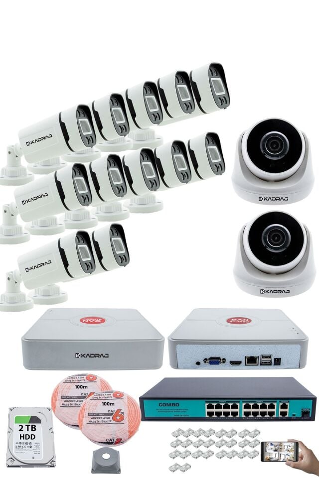 IP Güvenlik Kamera Seti - 2 İç Mekan IP Kamera, 12 Dış Mekan IP Kamera, 2TB H.D.D, 16 Kanal NVR
