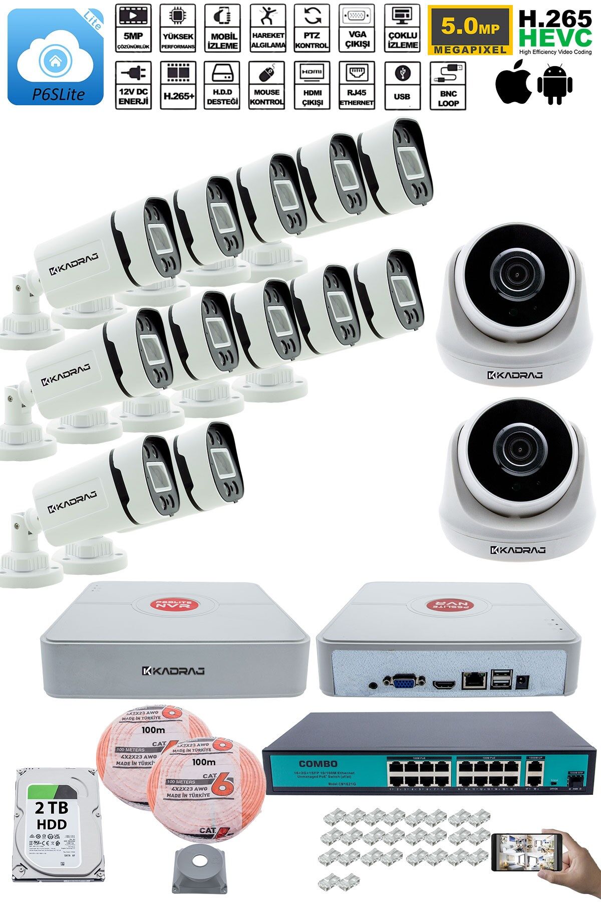 IP Güvenlik Kamera Seti - 2 İç Mekan IP Kamera, 12 Dış Mekan IP Kamera, 2TB H.D.D, 16 Kanal NVR