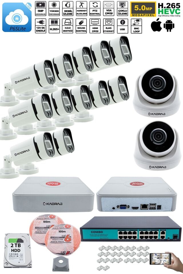 IP Güvenlik Kamera Seti - 2 İç Mekan IP Kamera, 12 Dış Mekan IP Kamera, 2TB H.D.D, 16 Kanal NVR