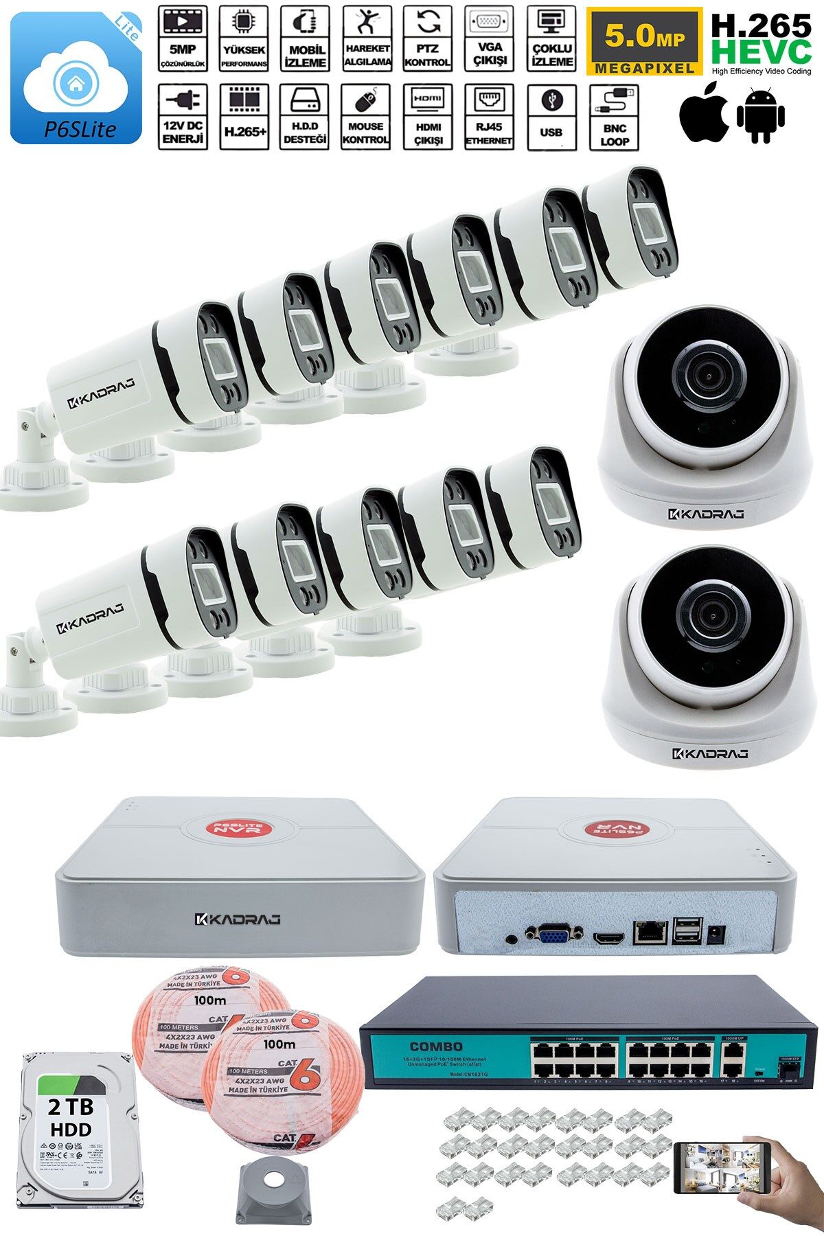 IP Güvenlik Kamera Seti - 2 İç Mekan IP Kamera, 11 Dış Mekan IP Kamera, 2TB H.D.D, 16 Kanal NVR