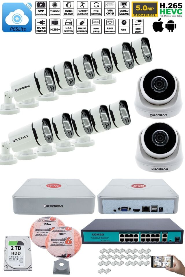 IP Güvenlik Kamera Seti - 2 İç Mekan IP Kamera, 11 Dış Mekan IP Kamera, 2TB H.D.D, 16 Kanal NVR