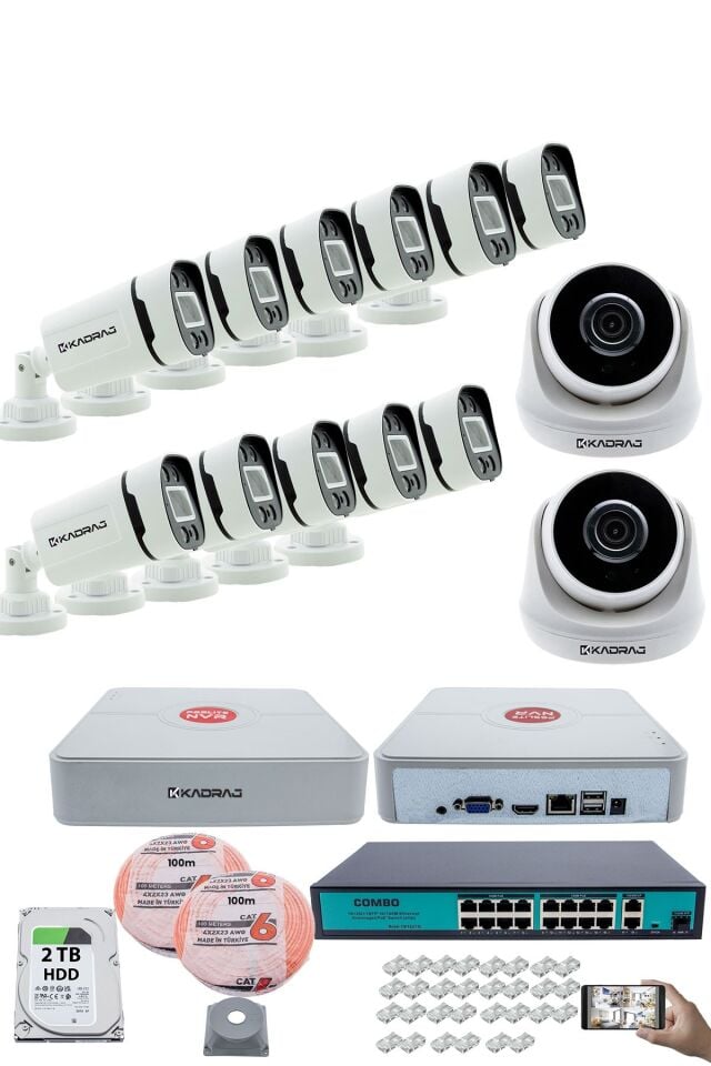 IP Güvenlik Kamera Seti - 2 İç Mekan IP Kamera, 11 Dış Mekan IP Kamera, 2TB H.D.D, 16 Kanal NVR