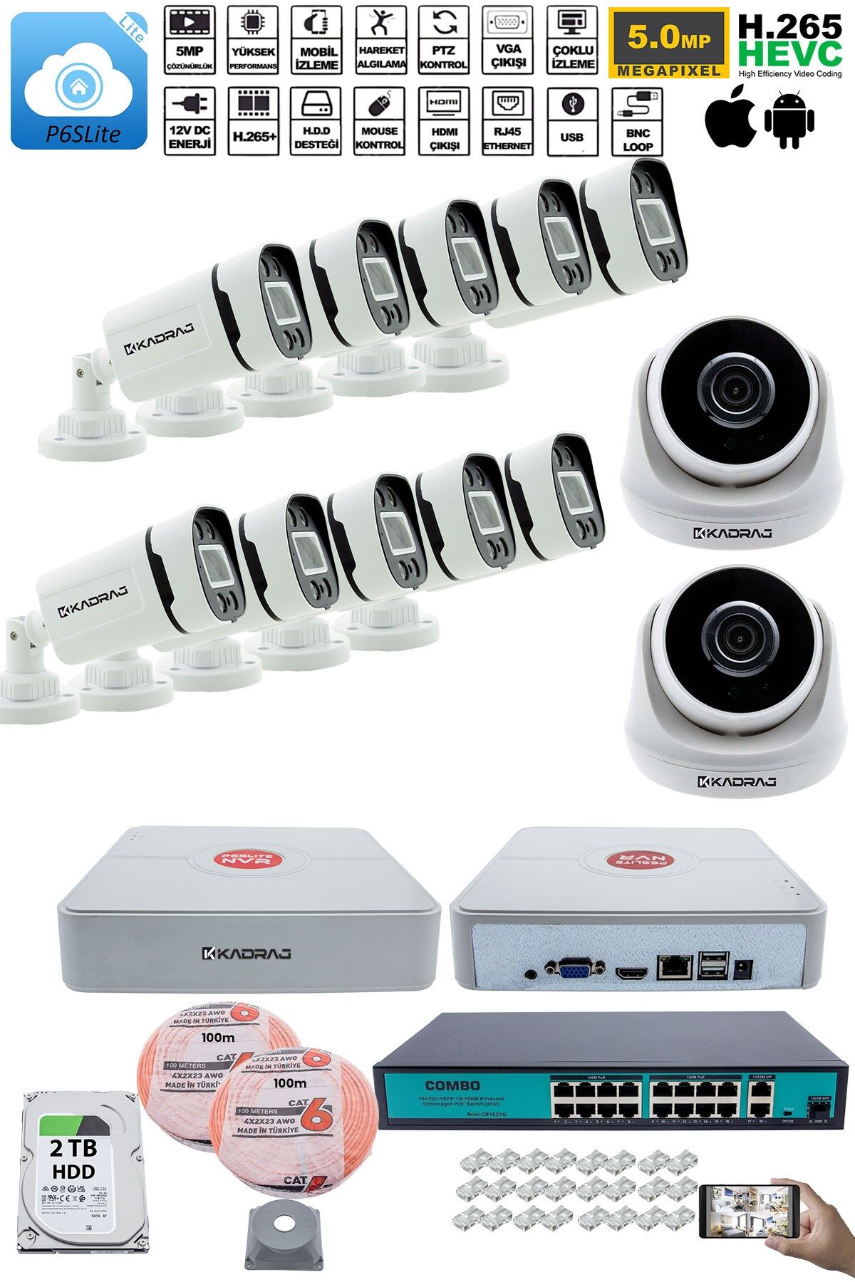 IP Güvenlik Kamera Seti - 2 İç Mekan IP Kamera, 10 Dış Mekan IP Kamera, 2TB H.D.D, 16 Kanal NVR