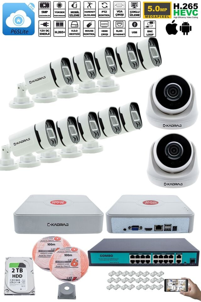 IP Güvenlik Kamera Seti - 2 İç Mekan IP Kamera, 10 Dış Mekan IP Kamera, 2TB H.D.D, 16 Kanal NVR