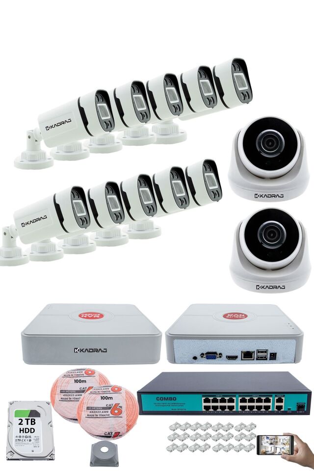 IP Güvenlik Kamera Seti - 2 İç Mekan IP Kamera, 10 Dış Mekan IP Kamera, 2TB H.D.D, 16 Kanal NVR