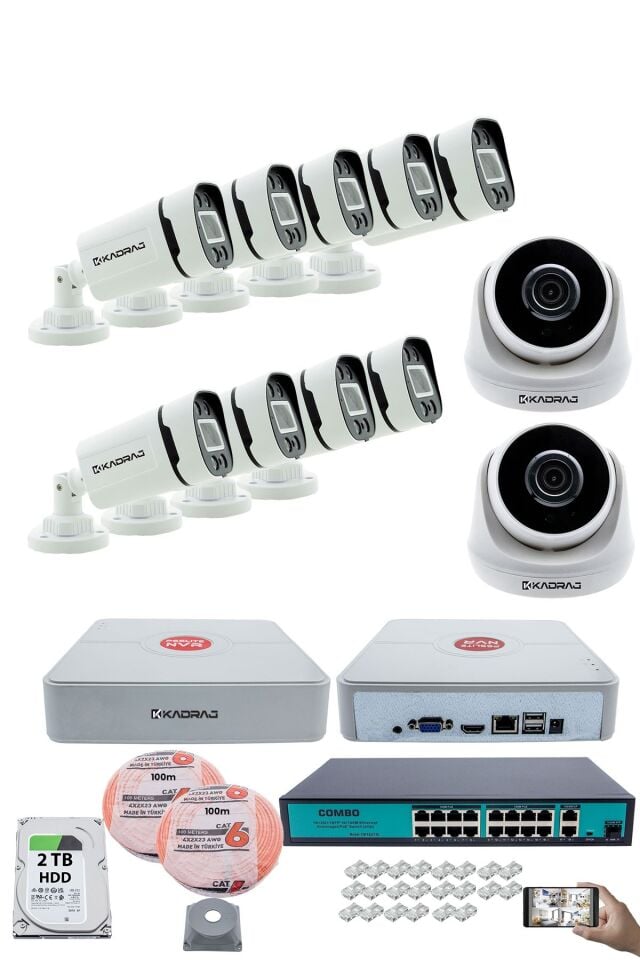 IP Güvenlik Kamera Seti - 2 İç Mekan IP Kamera, 9 Dış Mekan IP Kamera, 2TB H.D.D, 16 Kanal NVR