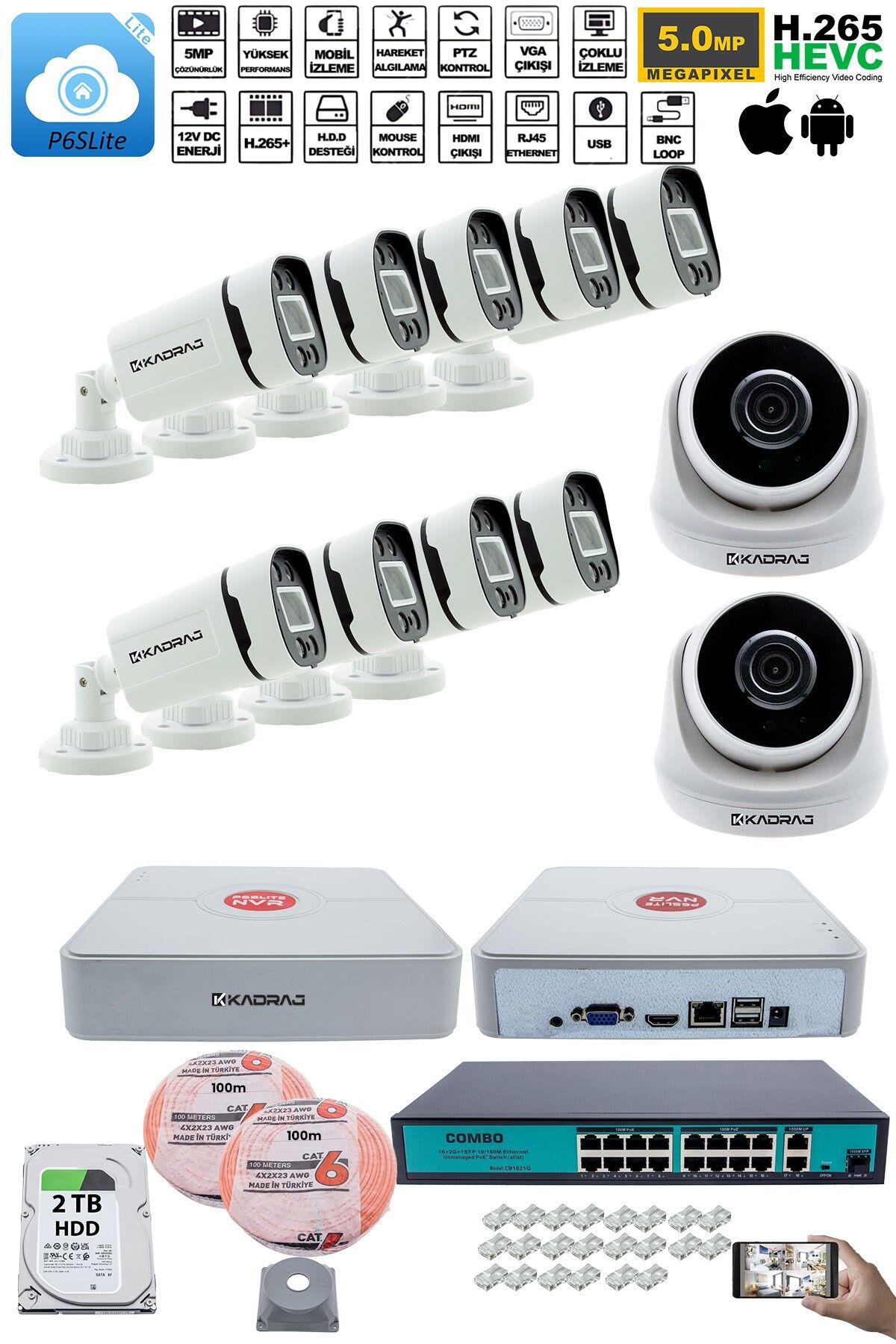 IP Güvenlik Kamera Seti - 2 İç Mekan IP Kamera, 9 Dış Mekan IP Kamera, 2TB H.D.D, 16 Kanal NVR