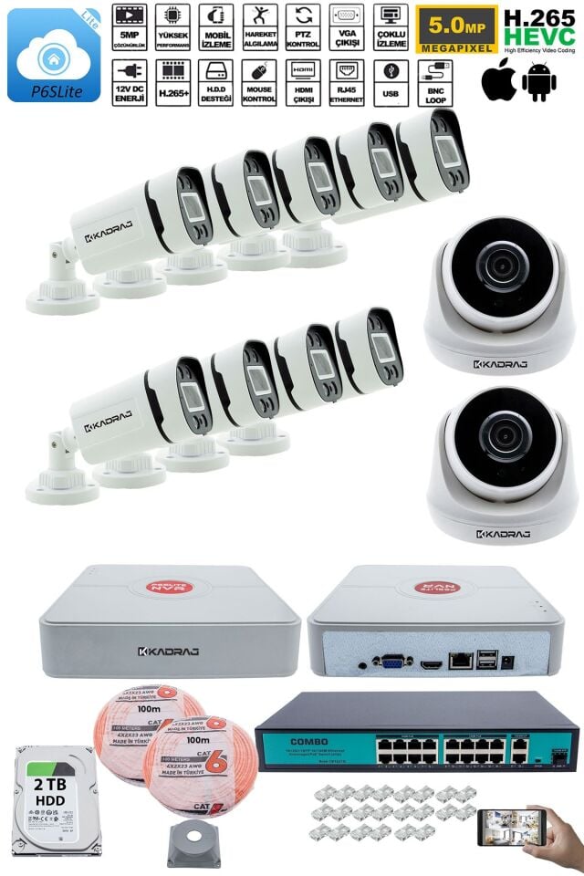 IP Güvenlik Kamera Seti - 2 İç Mekan IP Kamera, 9 Dış Mekan IP Kamera, 2TB H.D.D, 16 Kanal NVR