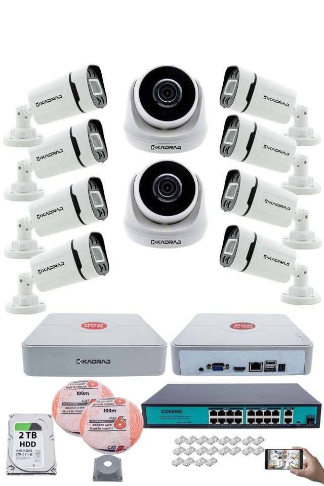 IP Güvenlik Kamera Seti - 2 İç Mekan IP Kamera, 8 Dış Mekan IP Kamera, 2TB H.D.D, 16 Kanal NVR
