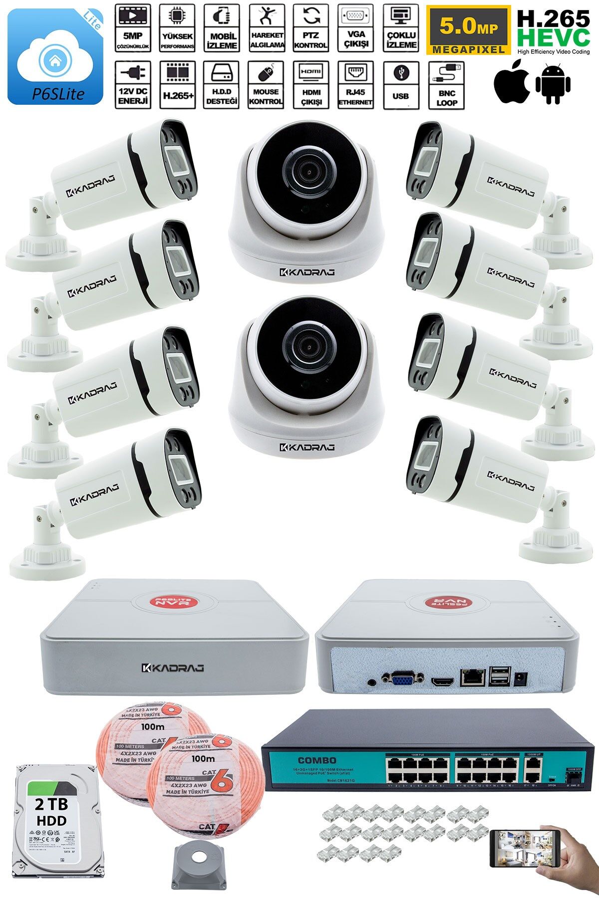 IP Güvenlik Kamera Seti - 2 İç Mekan IP Kamera, 8 Dış Mekan IP Kamera, 2TB H.D.D, 16 Kanal NVR