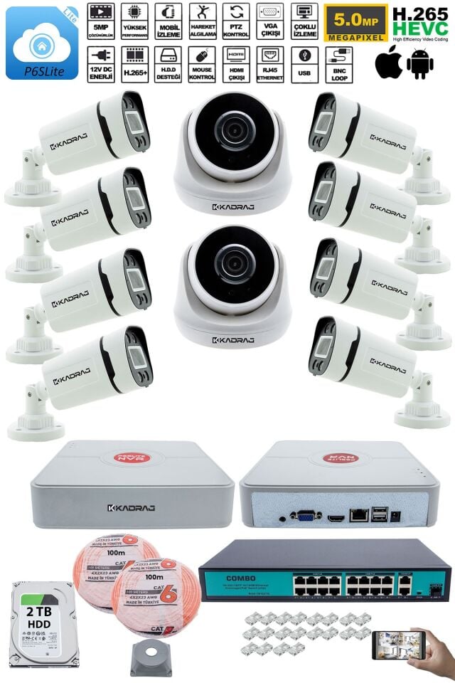 IP Güvenlik Kamera Seti - 2 İç Mekan IP Kamera, 8 Dış Mekan IP Kamera, 2TB H.D.D, 16 Kanal NVR