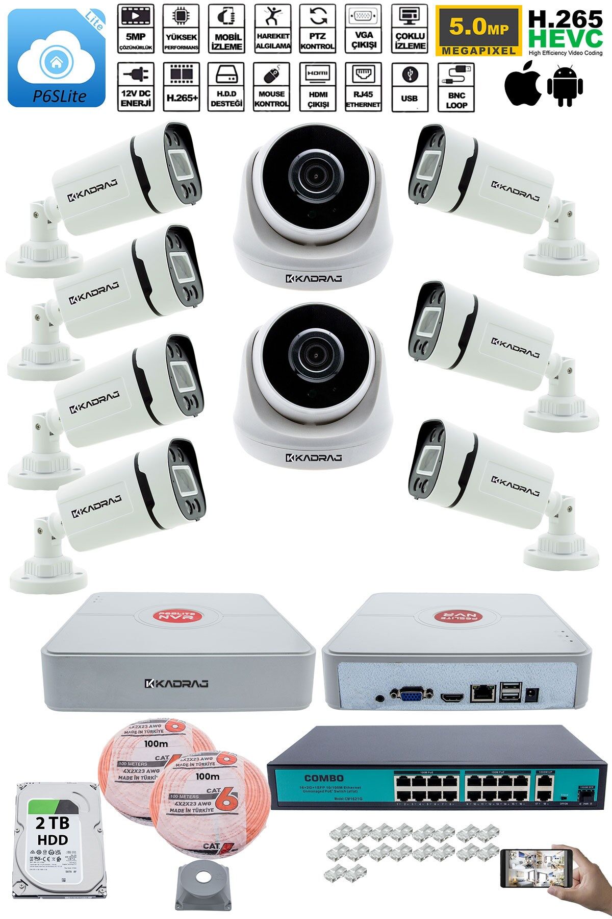 IP Güvenlik Kamera Seti - 2 İç Mekan IP Kamera, 7 Dış Mekan IP Kamera, 2TB H.D.D, 16 Kanal NVR,