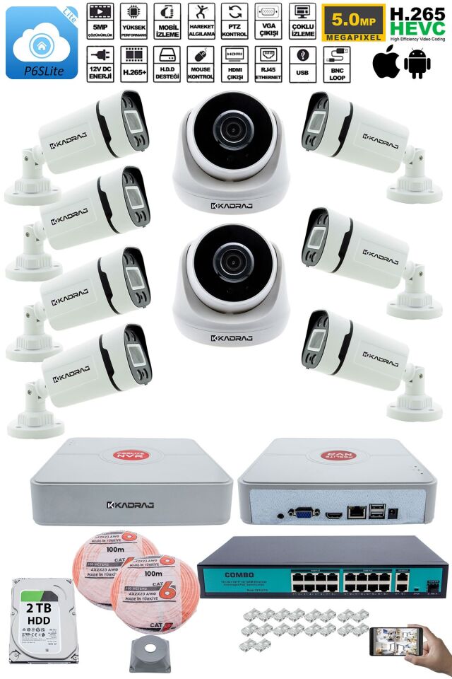 IP Güvenlik Kamera Seti - 2 İç Mekan IP Kamera, 7 Dış Mekan IP Kamera, 2TB H.D.D, 16 Kanal NVR,