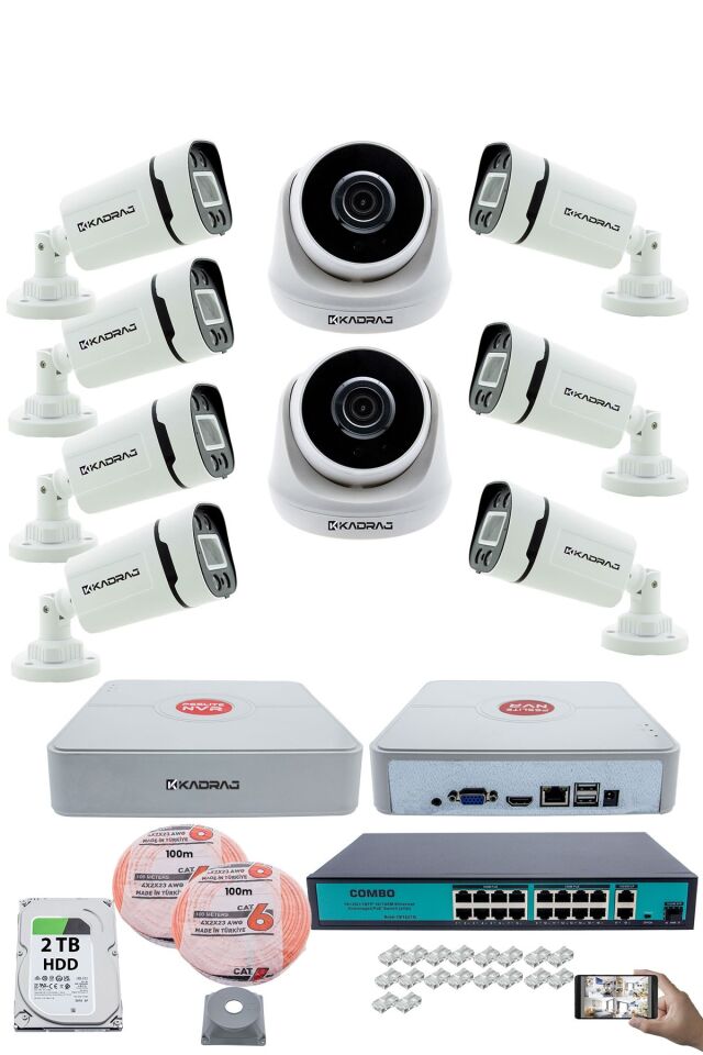 IP Güvenlik Kamera Seti - 2 İç Mekan IP Kamera, 7 Dış Mekan IP Kamera, 2TB H.D.D, 16 Kanal NVR,
