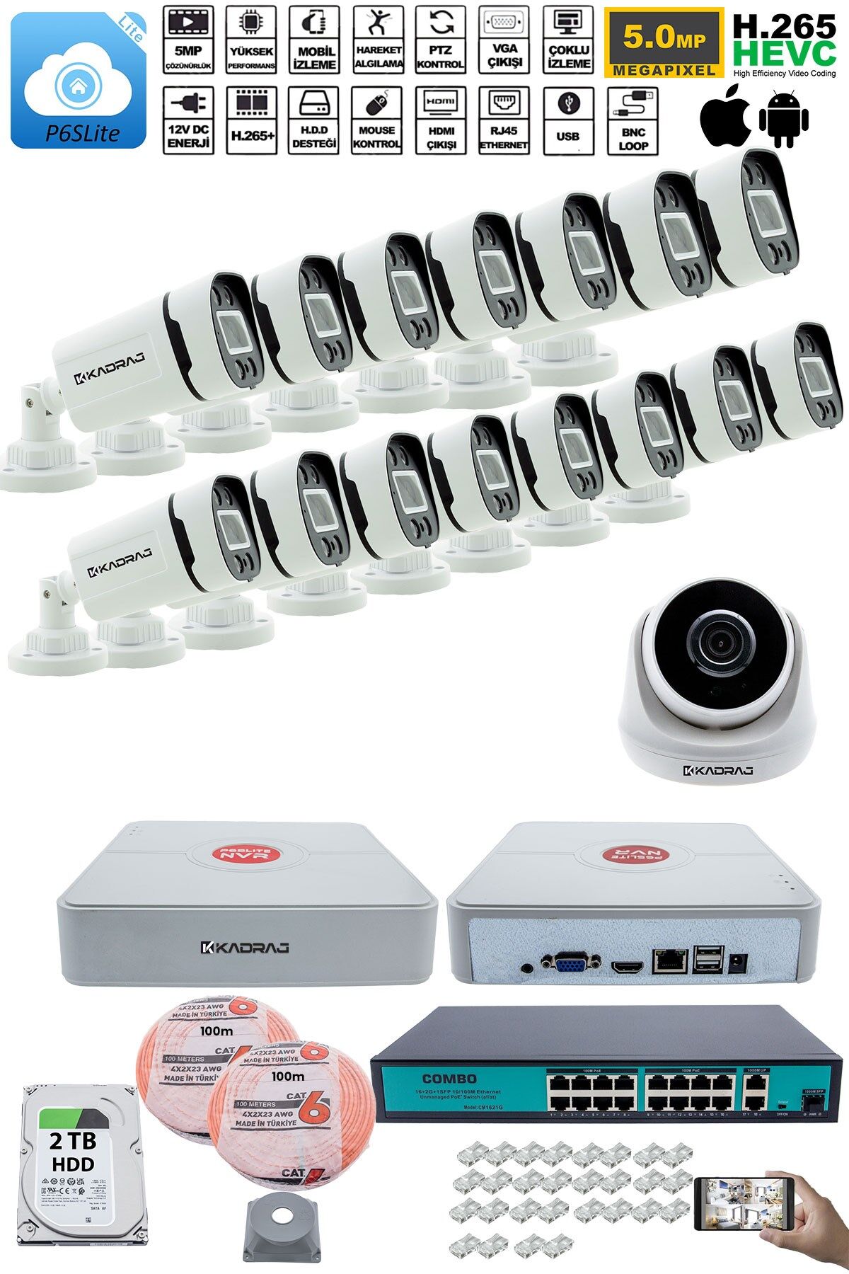 IP Güvenlik Kamera Seti - 1 İç Mekan IP Kamera, 15 Dış Mekan IP Kamera, 2TB H.D.D, 16 Kanal NVR